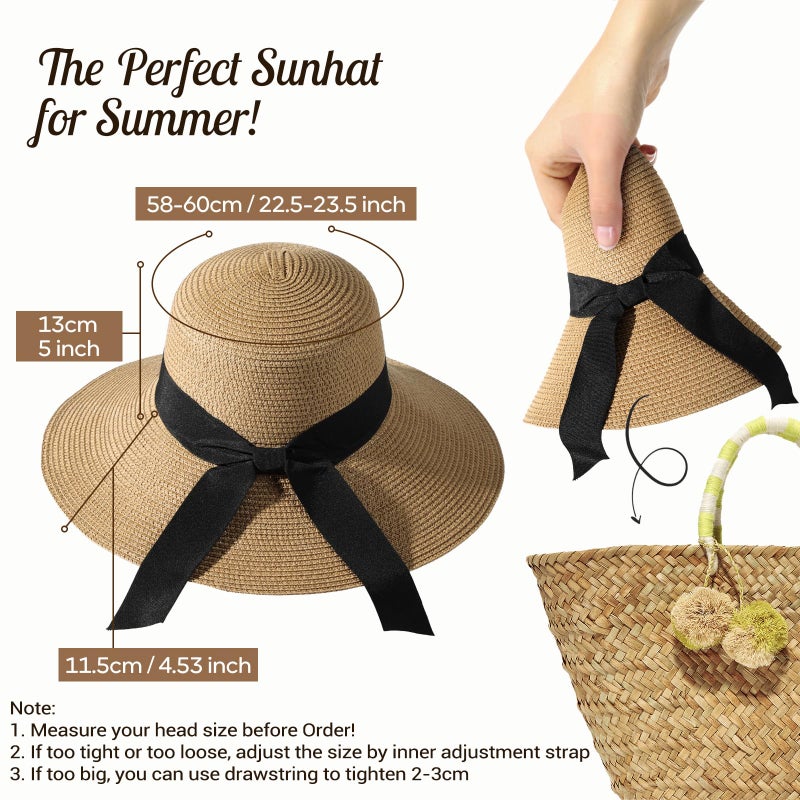 Tavaleu Sun Beach Hats for Women, Wide Brim Womens Straw Hat with Chin Strap, Foldable Beach Hats UV Protection - Image 3