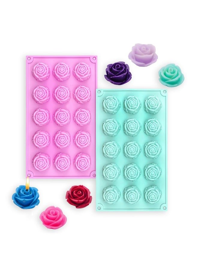 MEMOVAN 15 Cavity Rose Silicone Fondant Mold 2pcs 3D Flower Cake Resin Mold Rose Candy Chocolate Mold Flower Ice Tray Molds for Sugarcraft Cupake Decoration Soap Candle Making Clay Lotion Bar Wax - Image 1