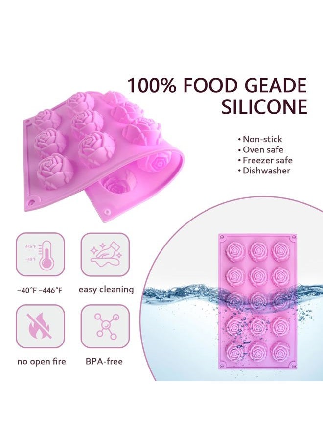 MEMOVAN 15 Cavity Rose Silicone Fondant Mold 2pcs 3D Flower Cake Resin Mold Rose Candy Chocolate Mold Flower Ice Tray Molds for Sugarcraft Cupake Decoration Soap Candle Making Clay Lotion Bar Wax - Image 3