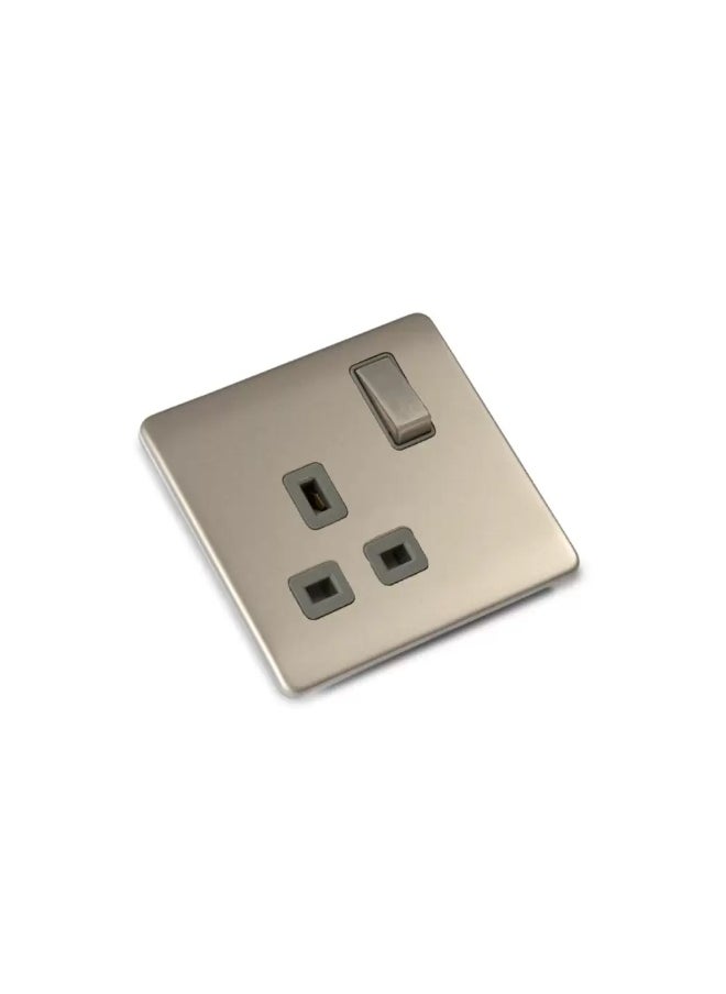 FYM FYM - 13A 1 Gang Single Pole Switched Socket Outlet, Satin Nickel, 86x86mm, 3.5mm Ultra slim Metallic Plated with Scratch Resistance, Durable & High Quality | 1 Year Warranty 