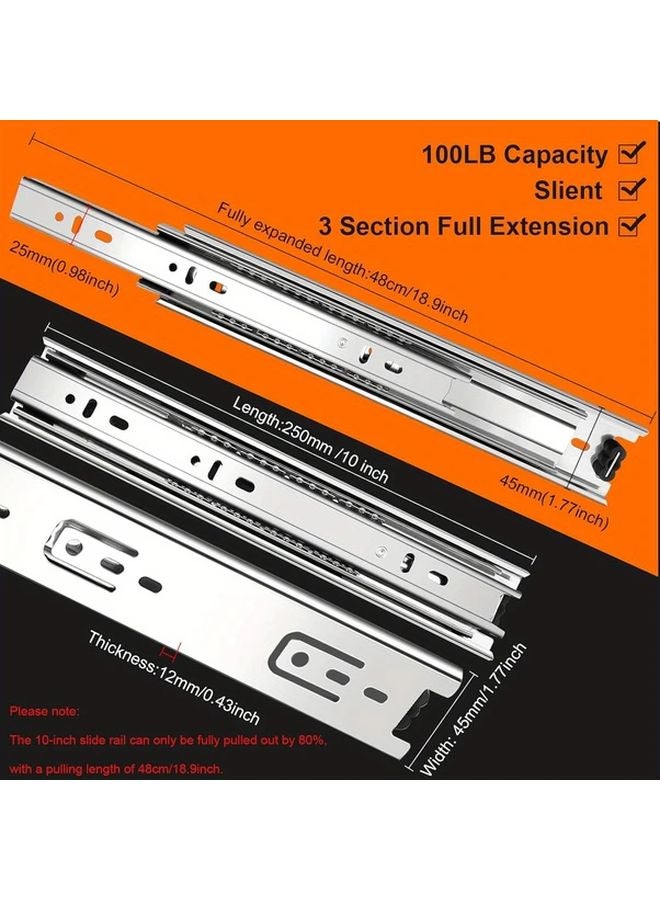 10 Inch 250mm Full Extension Drawer Slides 4 Pairs 100 LB Capacity Side Mount - Image 2