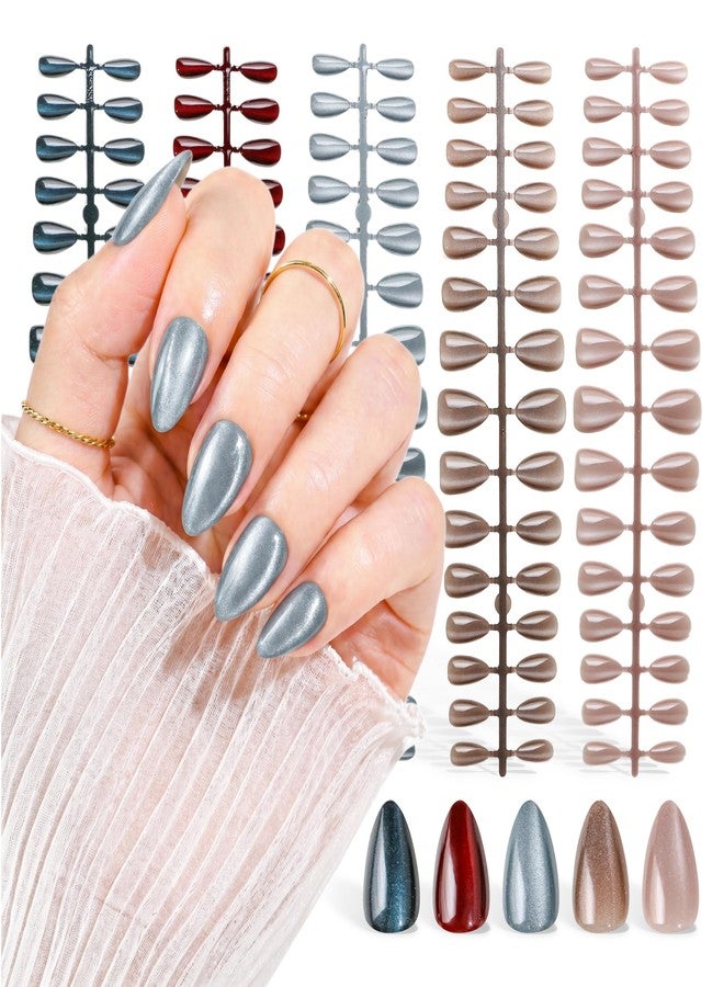 ELLEWIN 150 Pcs Cat Eye Press on Nails Almond - 5 Colors Glossy Glitter, Storage Case & 3 Accessories, 8 Sizes Nail Tips for Women Girls - Image 1