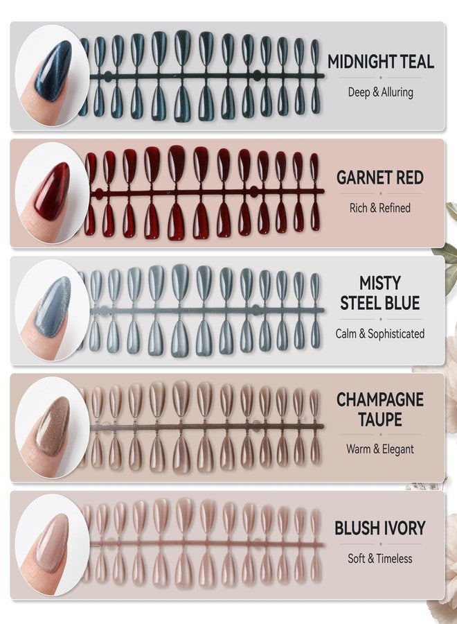 ELLEWIN 150 Pcs Cat Eye Press on Nails Almond - 5 Colors Glossy Glitter, Storage Case & 3 Accessories, 8 Sizes Nail Tips for Women Girls - Image 4