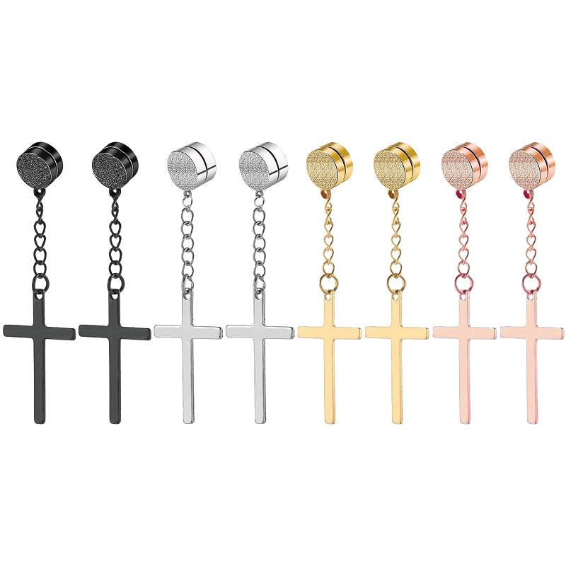 NEWITIN 4 Pairs Stainless Steel Magnetic Earrings for Men Clip on Earring Magnetic Stud Earring Unisex Non Piercing CZ Magnet Studs Diamond Cross Earrings for Women Men - Image 1