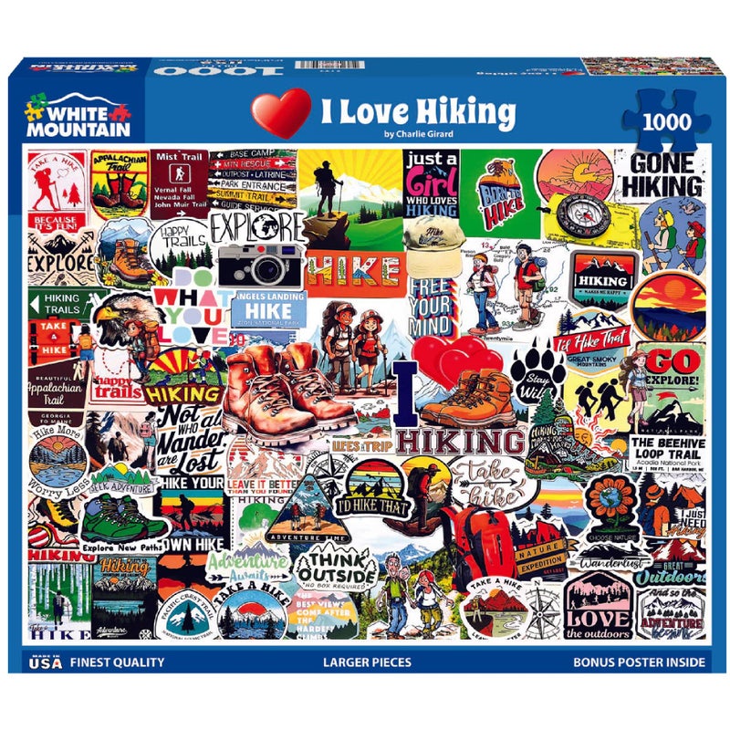 White Mountain 1000 Piece Jigsaw Puzzle Outdoor Nature Collage Puzzles with Large Pieces Gift for Adults and Family 24"x30" - I Love Hiking - Image 1
