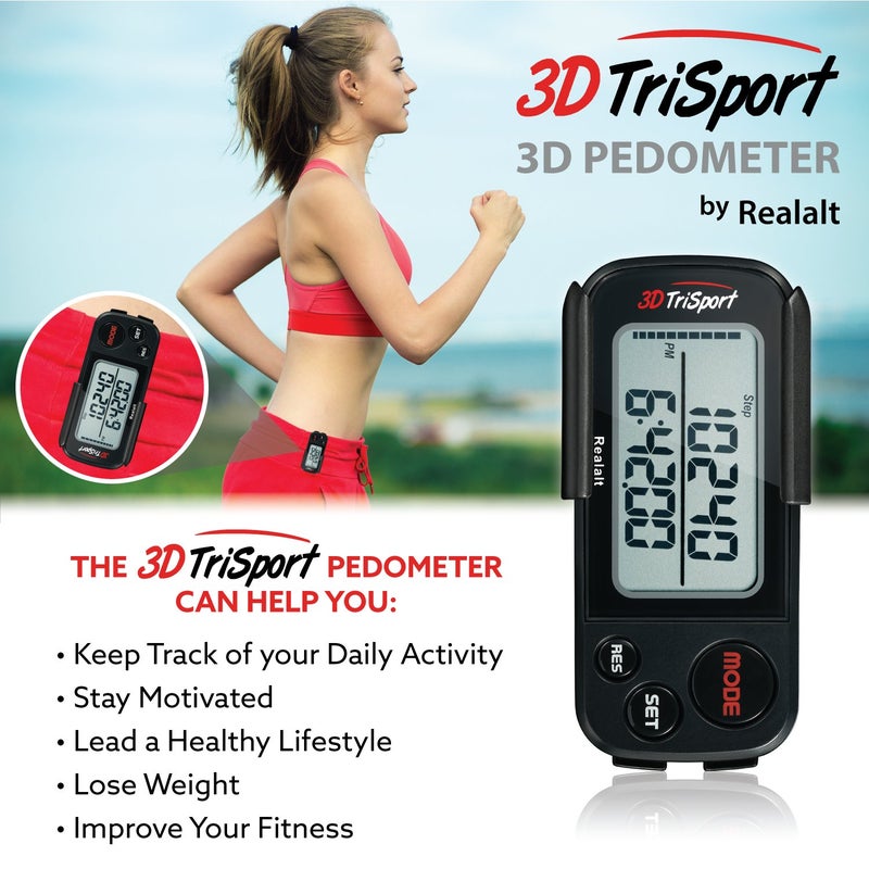 Realalt 3DTriSport Walking 3D Pedometer with Clip and Strap, Free eBook | 30 Days Memory, Accurate Step Counter, Walking Distance Miles/Km, Calorie Counter (Stealth Black, 3" L x 1.3" W x 0.4" H) - Image 3