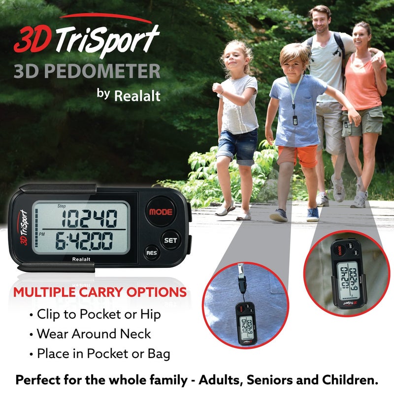 Realalt 3DTriSport Walking 3D Pedometer with Clip and Strap, Free eBook | 30 Days Memory, Accurate Step Counter, Walking Distance Miles/Km, Calorie Counter (Stealth Black, 3" L x 1.3" W x 0.4" H) - Image 5
