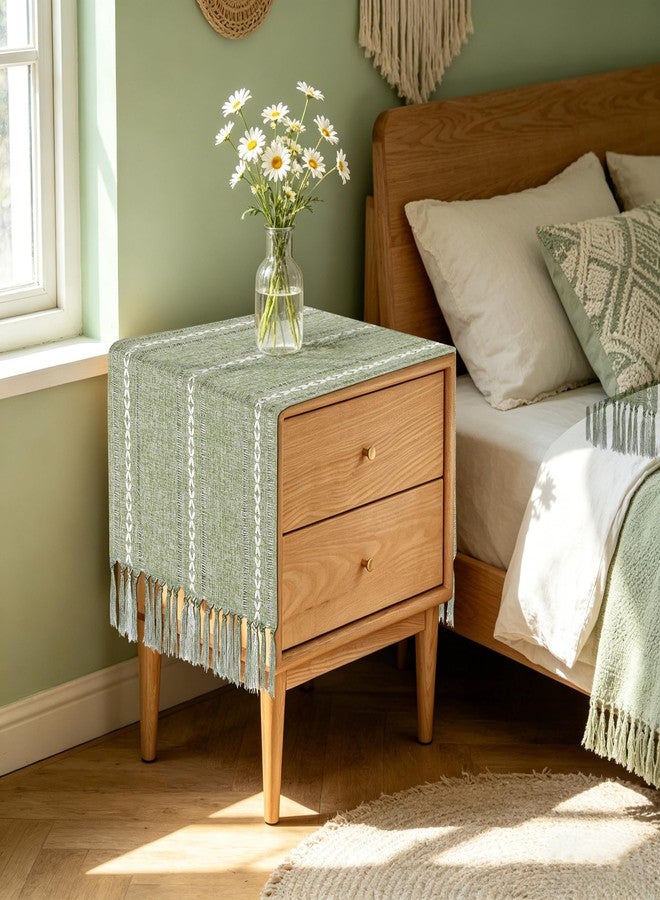 tiosggd Boho Table Runner Short 15.7 x 36 inch, Spring Sage Green Coffee Table Cover, Green Linen Small Table Cloth, Dresser Runner Scarf for Nightstand, Bedside End Table, Rustic Farmhouse Summer Home Decor - Image 2