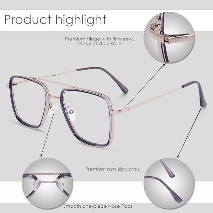 Dervin Blue Light Blocking Blue Cut Zero Power anti-glare Retro Square Eyeglasses, Frame for Eye Protection from UV by Computer/Tablet/Mobile/Laptop (Grey) - Image 3