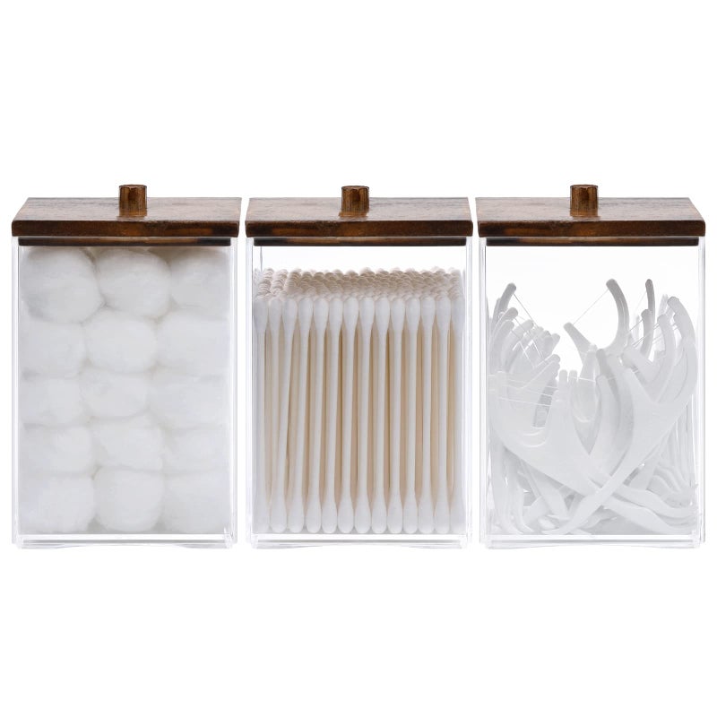 Tbestmax 3 Pack Qtip Holder - 12 oz Bathroom Organizer and Storage Containers, Plastic Square Apothecary Jars with Black Bamboo Lids for Cotton Ball, Cotton Swab, Floss - Image 1