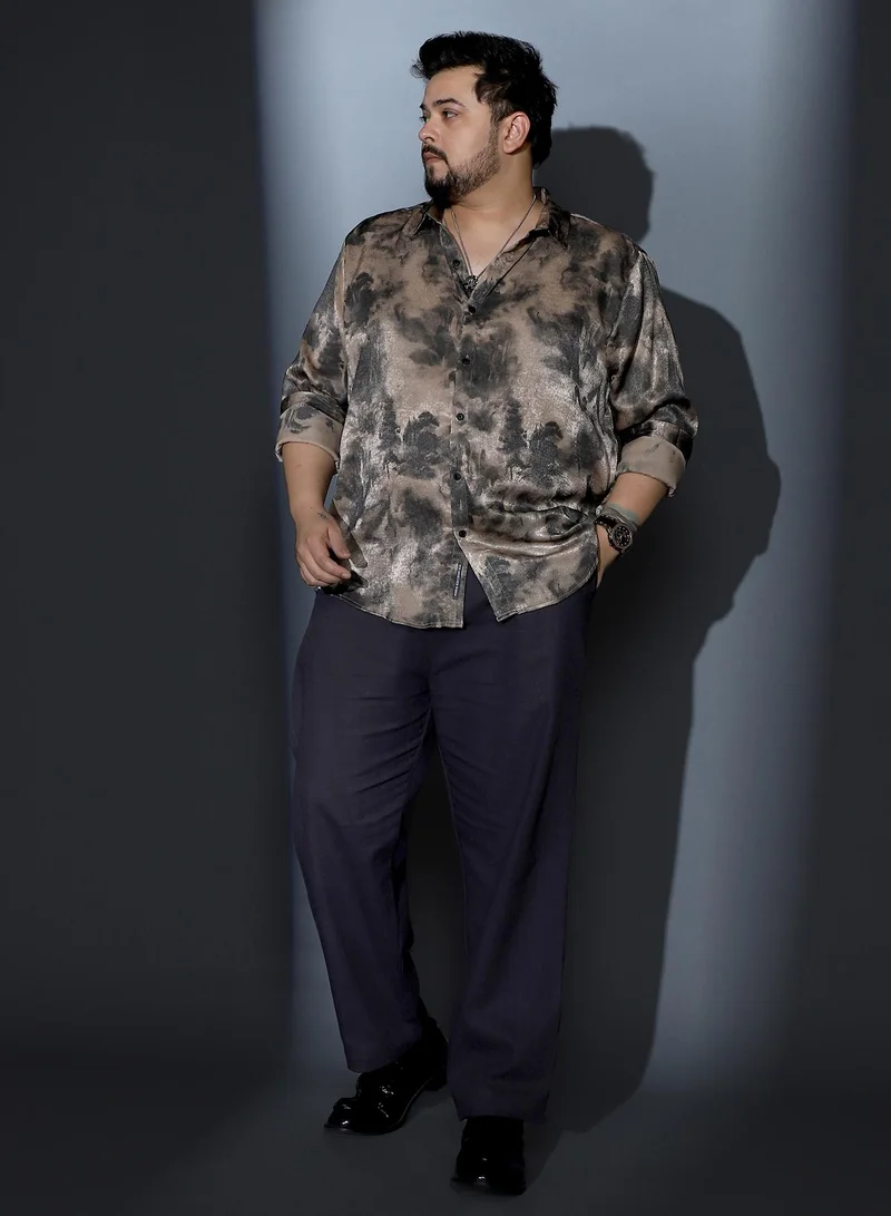 Instafab Plus Instafab Plus Men Gleaming-Blur Shirt | Spread Collar , Long Cuffed Sleeves | Button Closure , Curved Hem | Abstract Print Suede Feel Material | Woven Fabric For Party & Evening Wear | Sand Beige