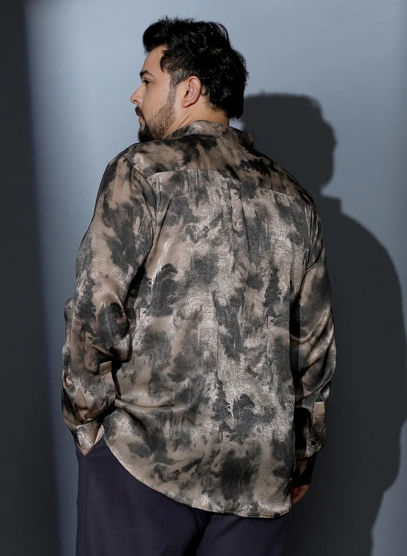 Instafab Plus Instafab Plus Men Gleaming-Blur Shirt | Spread Collar , Long Cuffed Sleeves | Button Closure , Curved Hem | Abstract Print Suede Feel Material | Woven Fabric For Party & Evening Wear | Sand Beige