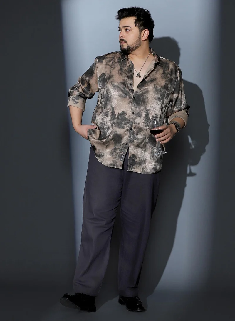 Instafab Plus Instafab Plus Men Gleaming-Blur Shirt | Spread Collar , Long Cuffed Sleeves | Button Closure , Curved Hem | Abstract Print Suede Feel Material | Woven Fabric For Party & Evening Wear | Sand Beige