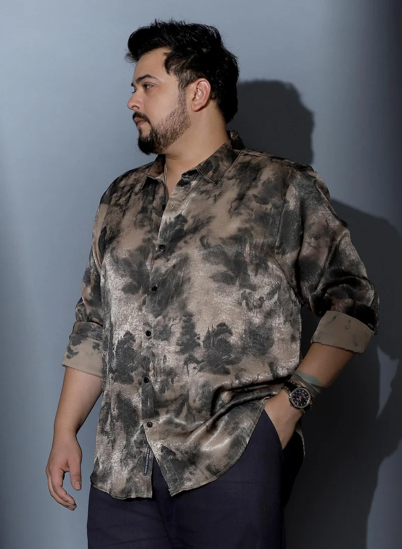 Instafab Plus Instafab Plus Men Gleaming-Blur Shirt | Spread Collar , Long Cuffed Sleeves | Button Closure , Curved Hem | Abstract Print Suede Feel Material | Woven Fabric For Party & Evening Wear | Sand Beige