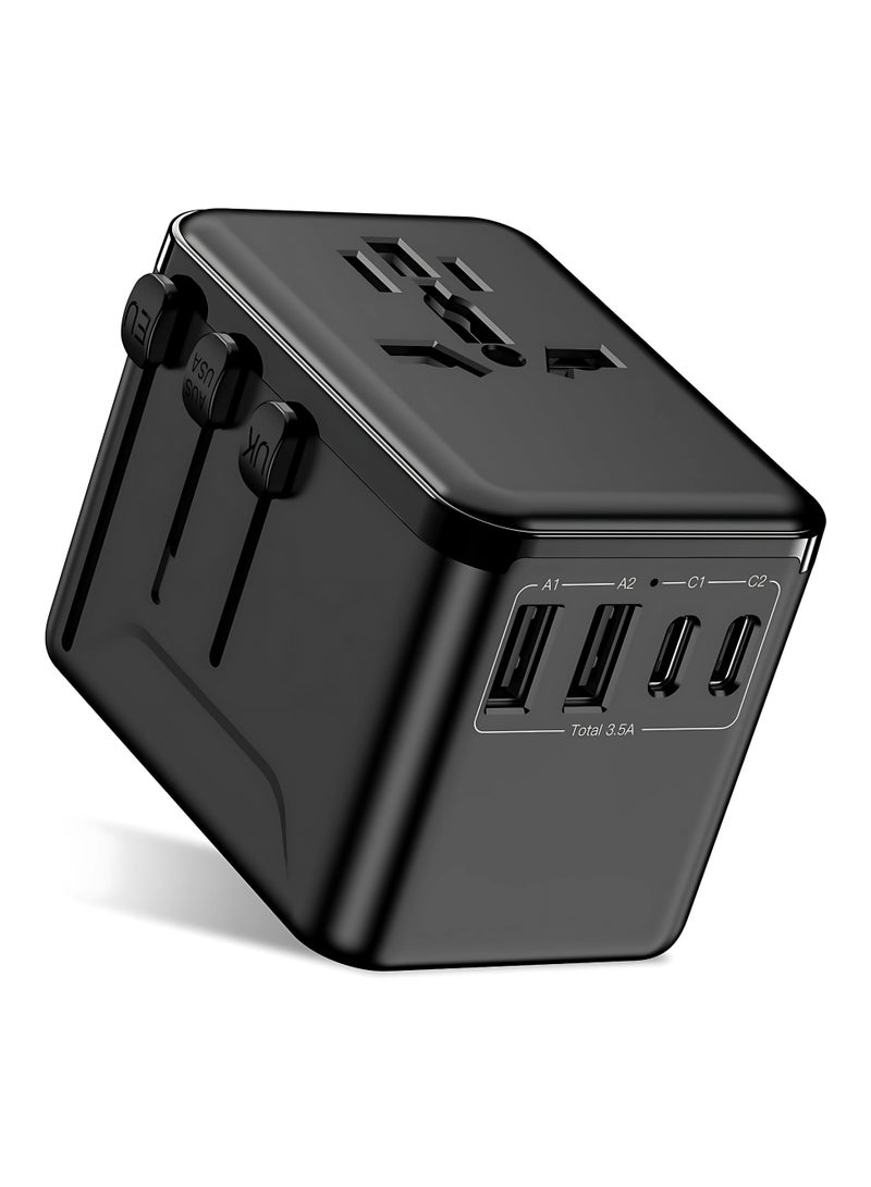 AREXA Universal Travel Adapter 5-in-1, Worldwide Plug with 2 USB-C & 2 USB-A Ports, 3.5A Fast Charger, Multi-Country Wall Charger for Europe UK USA Asia Australia - Black Power Adapter - Image 1