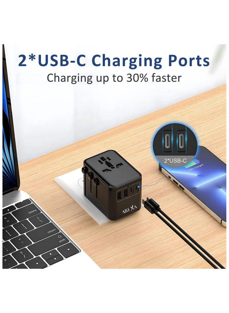 AREXA Universal Travel Adapter 5-in-1, Worldwide Plug with 2 USB-C & 2 USB-A Ports, 3.5A Fast Charger, Multi-Country Wall Charger for Europe UK USA Asia Australia - Black Power Adapter - Image 3