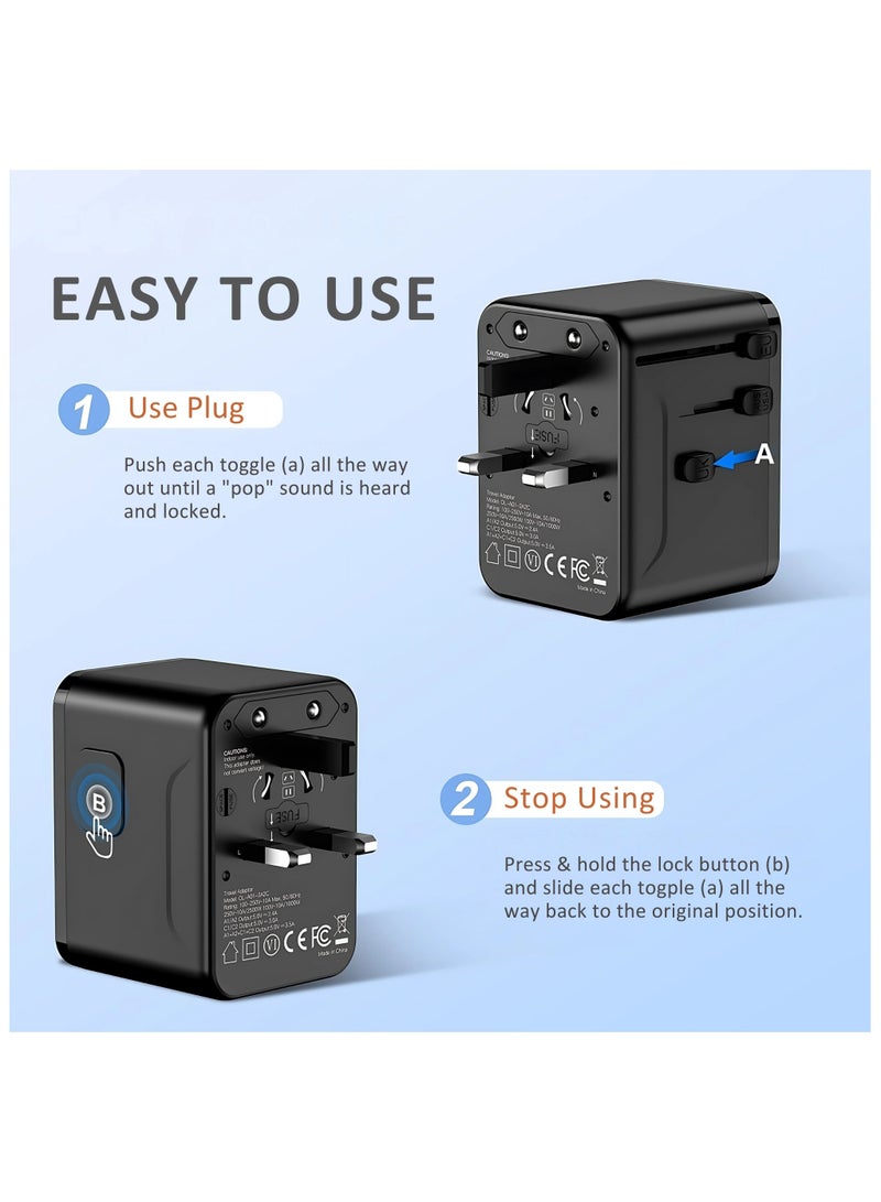 AREXA Universal Travel Adapter 5-in-1, Worldwide Plug with 2 USB-C & 2 USB-A Ports, 3.5A Fast Charger, Multi-Country Wall Charger for Europe UK USA Asia Australia - Black Power Adapter - Image 4