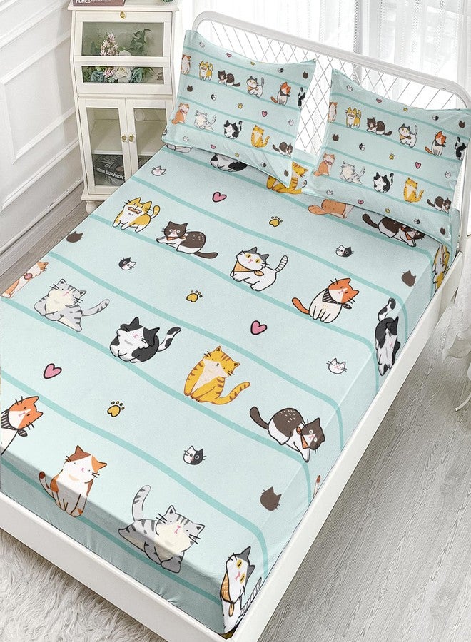 AILONEN Cartoon Cat Fitted Sheet Twin Size, Kawaii Cats Bedding Set for Girls Kids Teens,Blue Lovely Quilt Animal Pattern Bed Sheet Set,1 Fitted Sheet 2 Pillowcases,3 PCS,Soft Microfibre - Image 2