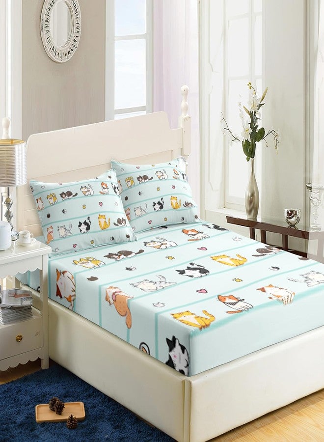 AILONEN Cartoon Cat Fitted Sheet Twin Size, Kawaii Cats Bedding Set for Girls Kids Teens,Blue Lovely Quilt Animal Pattern Bed Sheet Set,1 Fitted Sheet 2 Pillowcases,3 PCS,Soft Microfibre - Image 3