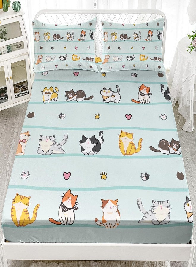 AILONEN Cartoon Cat Fitted Sheet Twin Size, Kawaii Cats Bedding Set for Girls Kids Teens,Blue Lovely Quilt Animal Pattern Bed Sheet Set,1 Fitted Sheet 2 Pillowcases,3 PCS,Soft Microfibre - Image 1