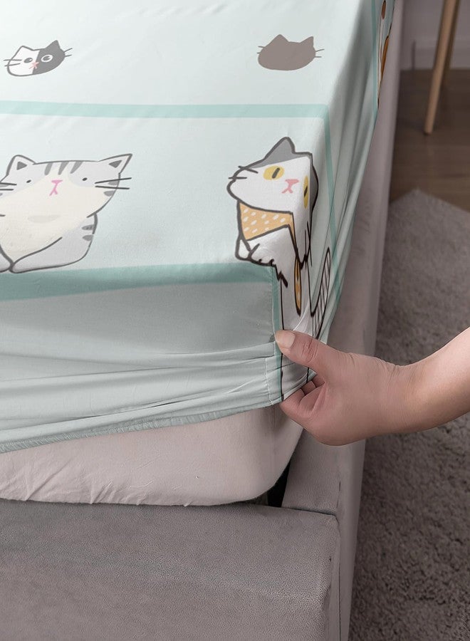 AILONEN Cartoon Cat Fitted Sheet Twin Size, Kawaii Cats Bedding Set for Girls Kids Teens,Blue Lovely Quilt Animal Pattern Bed Sheet Set,1 Fitted Sheet 2 Pillowcases,3 PCS,Soft Microfibre - Image 4