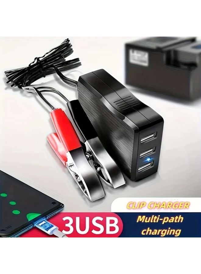 محول طاقة بمشبك تمساح بشاحن 3USB سريع لشحن بطارية الدراجة النارية والسيارة في حالات الطوارئ - Image 2