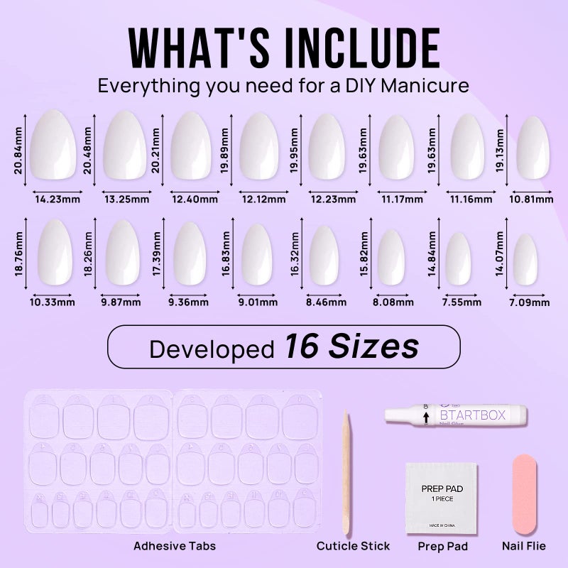 BTArtbox White Press On Nails Short - Soft Gel Press on Nails Almond, White Glue on Nails with Nail Glue, Reusable Stick on Nails in 16 Sizes, Cream Puff - Image 5