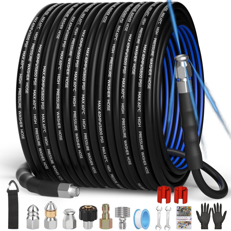 VIVIDWASH Sewer Jetter Kit for Pressure Washer50FT14 NPT Drain Cleaner Hose 5800PSI with 3 Sewer Jet NozzlesPearl Corsage PinMarking RingSpray NozzleTeflon TapeGloves - Image 2