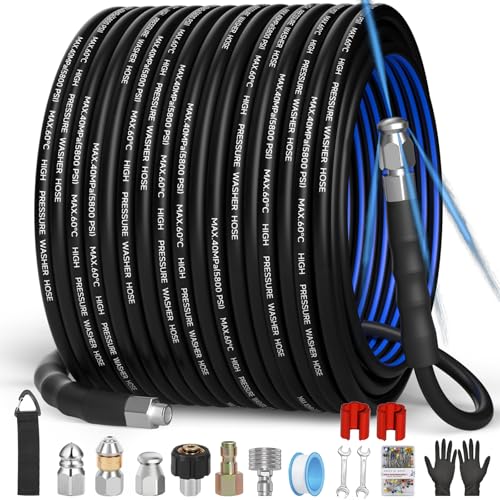 VIVIDWASH Sewer Jetter Kit for Pressure Washer50FT14 NPT Drain Cleaner Hose 5800PSI with 3 Sewer Jet NozzlesPearl Corsage PinMarking RingSpray NozzleTeflon TapeGloves - Image 1