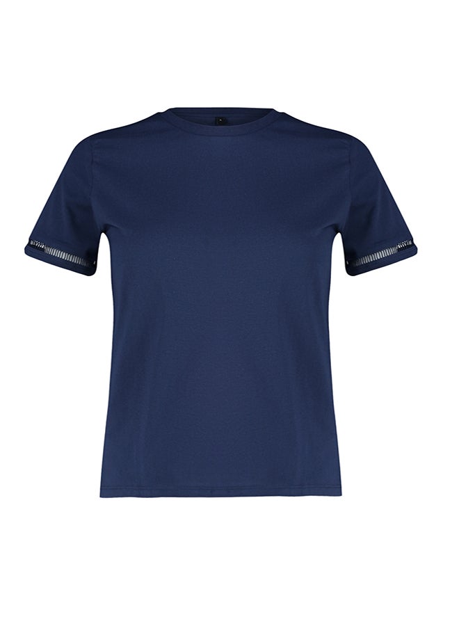 Navy Blue 100% Cotton Embroidery Detailed Basic Crew Neck Knitted T-Shirt TWOSS23TS00012