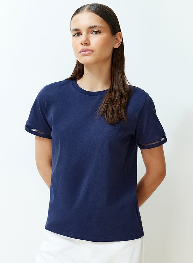Navy Blue 100% Cotton Embroidery Detailed Basic Crew Neck Knitted T-Shirt TWOSS23TS00012
