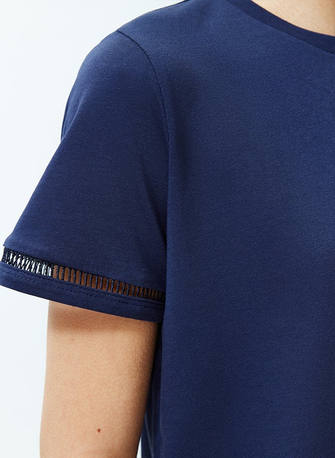 Navy Blue 100% Cotton Embroidery Detailed Basic Crew Neck Knitted T-Shirt TWOSS23TS00012