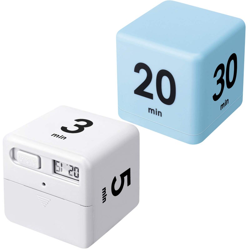 Weewooday 2 Pieces Cube Timers Gravity Sensor Flip Kids Workout and Game Timer Management 1 3 5 10 Minutes and 15 20 30 60 MinutesWhite Blue