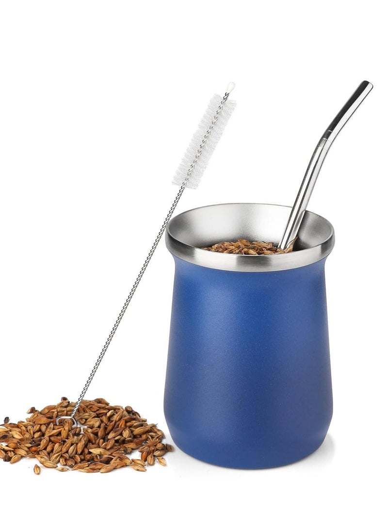 Y&D Yerba Mate Cup Stainless Steel And Bombilla Set 8oz Gourd Double Walled Tea With Straw Blue Include Cleaning Brush  - Image 1