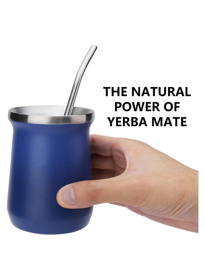 Y&D Yerba Mate Cup Stainless Steel And Bombilla Set 8oz Gourd Double Walled Tea With Straw Blue Include Cleaning Brush  - Image 4