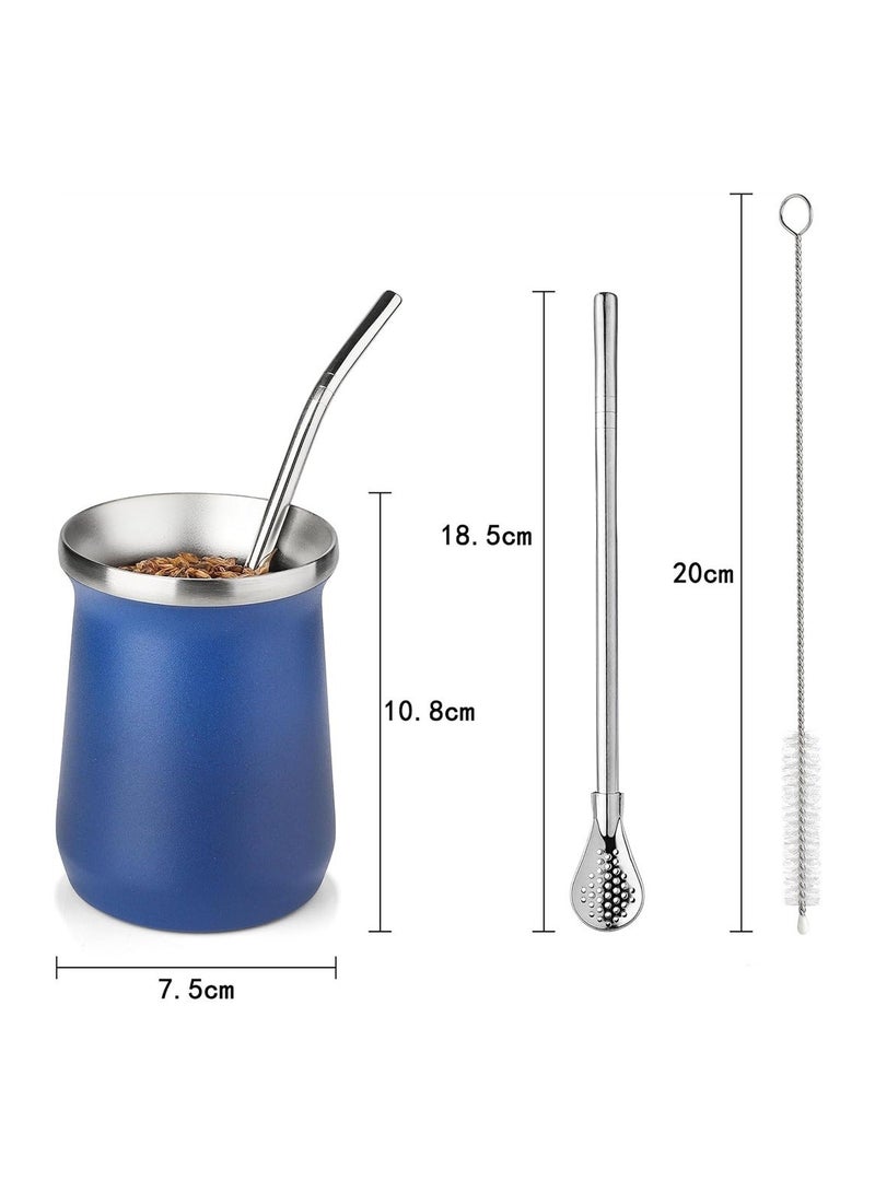 Y&D Yerba Mate Cup Stainless Steel And Bombilla Set 8oz Gourd Double Walled Tea With Straw Blue Include Cleaning Brush  - Image 2