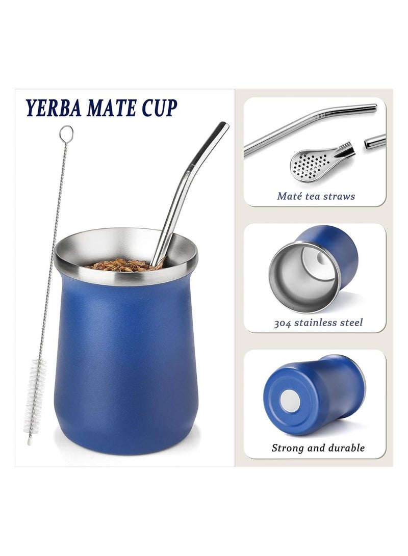 Y&D Yerba Mate Cup Stainless Steel And Bombilla Set 8oz Gourd Double Walled Tea With Straw Blue Include Cleaning Brush  - Image 3