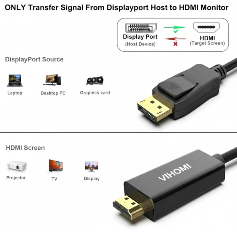 VIHOMI DisplayPort to HDMI Cable 1.8m (6FT) – Full HD 1080p@60Hz, Uni-Directional DP to HDMI [ NOT HDMI TO DP] Audio & Video Adapter for Laptop, TV, Monitor & Projector – Black - Image 3