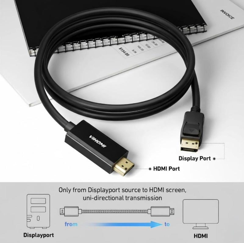 VIHOMI DisplayPort to HDMI Cable 1.8m (6FT) – Full HD 1080p@60Hz, Uni-Directional DP to HDMI [ NOT HDMI TO DP] Audio & Video Adapter for Laptop, TV, Monitor & Projector – Black - Image 5
