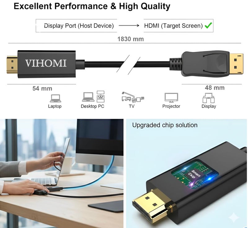VIHOMI DisplayPort to HDMI Cable 1.8m (6FT) – Full HD 1080p@60Hz, Uni-Directional DP to HDMI [ NOT HDMI TO DP] Audio & Video Adapter for Laptop, TV, Monitor & Projector – Black - Image 4