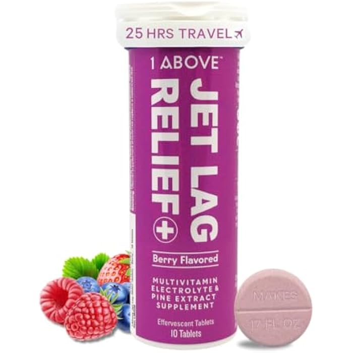 1Above Jet Lag Relief Tablets - Berry-Flavored Effervescent Multivitamin with Pycnogenol Travel Supplement for Hydration, Energy, Immune Support and Faster Recovery - Flight Essential, 10 Tablets - Image 1