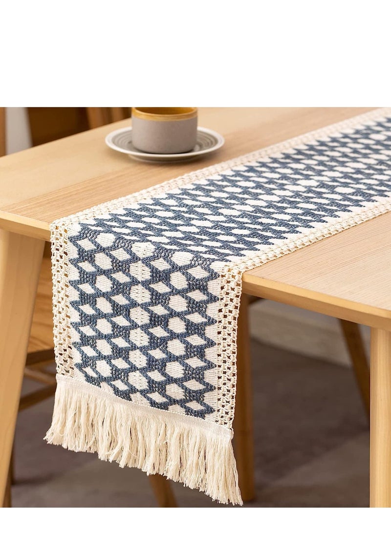 SYOSI Table Runners 72 Inches Long Boho Runner Splicing Macrame Blue Burlap with Tassels for Bohemian Rustic Wedding Bridal Shower Home Party Kitchen Farmhouse Dining Decor - Image 1