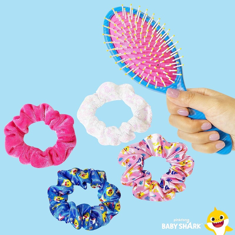 Luv Her Baby Shark Hair Accessory Set: 9-inch Regular Detangling Brush, 4 Elastic Hair Ties & Scrunchies for Kids - Image 2