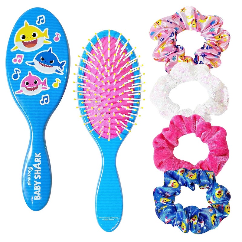Luv Her Baby Shark Hair Accessory Set: 9-inch Regular Detangling Brush, 4 Elastic Hair Ties & Scrunchies for Kids - Image 1