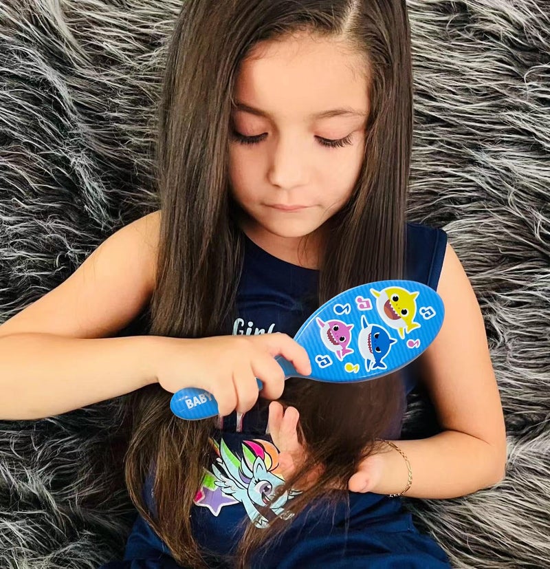 Luv Her Baby Shark Hair Accessory Set: 9-inch Regular Detangling Brush, 4 Elastic Hair Ties & Scrunchies for Kids - Image 3