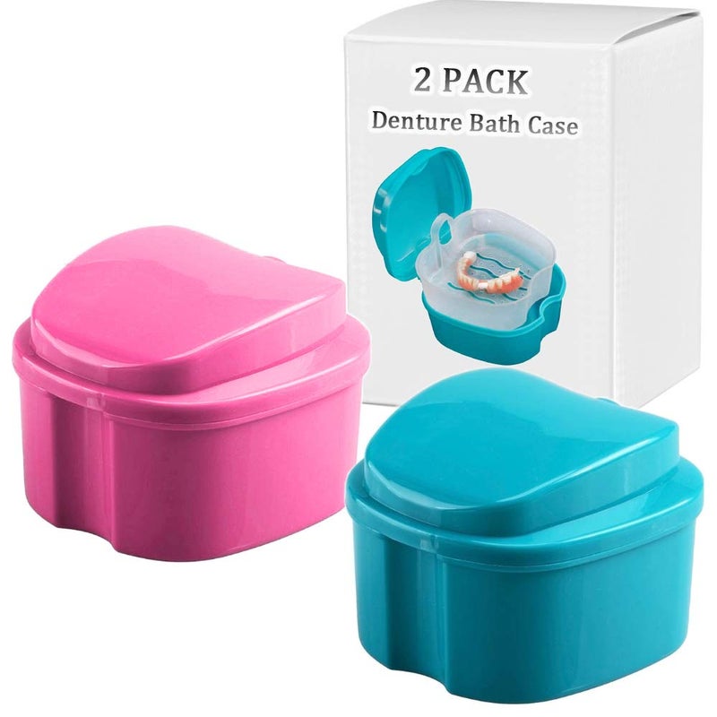 Denture Bath Box Cup Complete Clean Care for Dentures Clear Braces Mouth Guard Night Guard RetainersTraveling Blue Pink