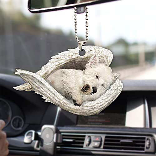 Talataca White West Highland Terrier Sleeping Angel Wing Westie Memorial 2D Flat Car Rear View Mirror Accessories Christmas Tree Ornament Decoration Hanging Charm Interior Rearview Pendant Decor Gift - Image 1