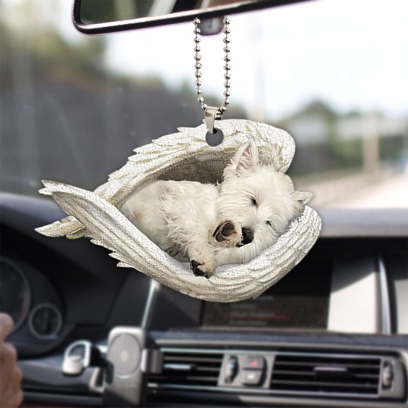 Talataca White West Highland Terrier Sleeping Angel Wing Westie Memorial 2D Flat Car Rear View Mirror Accessories Christmas Tree Ornament Decoration Hanging Charm Interior Rearview Pendant Decor Gift - Image 3