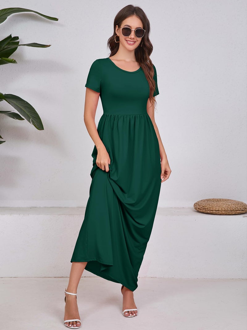 DEARCASE Maxi Dress for Women Dark Green X-Large Crewneck Short Sleeves Wedding Guest A-line Casual Loose Party Vintage Spring Summer Beach Long Dresses with Pockets - Image 1