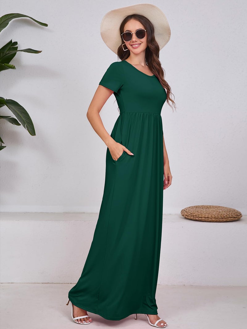DEARCASE Maxi Dress for Women Dark Green X-Large Crewneck Short Sleeves Wedding Guest A-line Casual Loose Party Vintage Spring Summer Beach Long Dresses with Pockets - Image 3